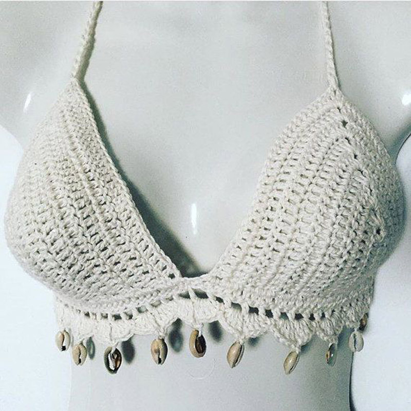 OEEA Crochet bikini top, shell embellished crochet bikini top, pure cotton beach swimsuit