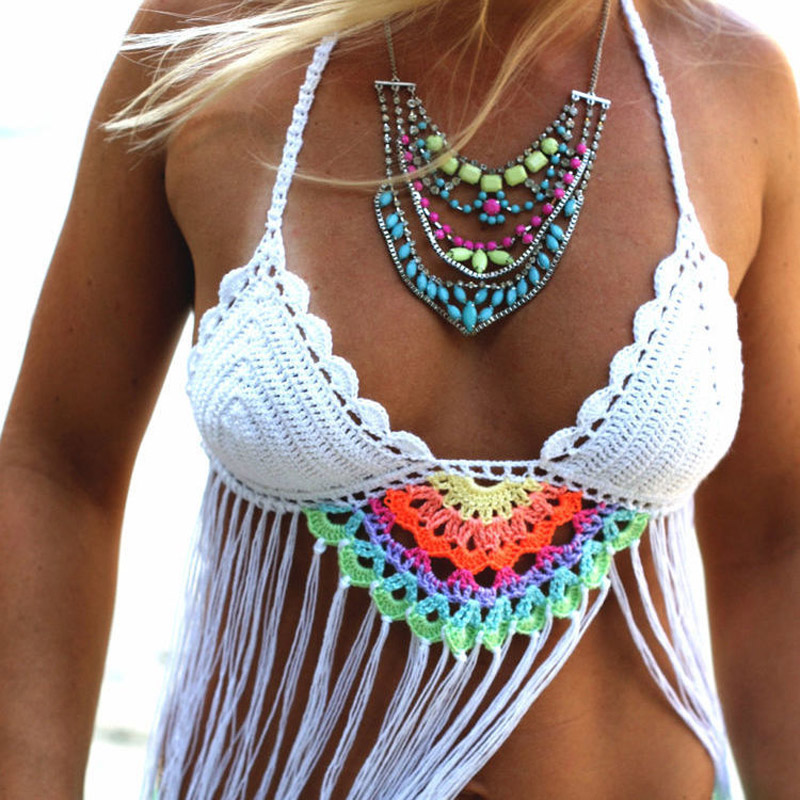 OEEA Crochet bikini outerwear top, mandala crochet bikini top, vacation beach swimsuit