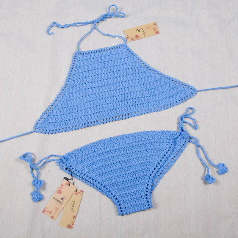 OEEA Crochet body crochet bikini set, tourist vacation open back hanging neck swimsuit