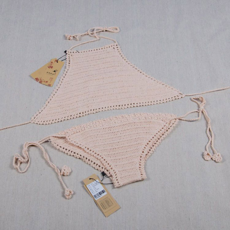 Crochet body crochet bikini set, tourist vacation open back hanging neck swimsuit