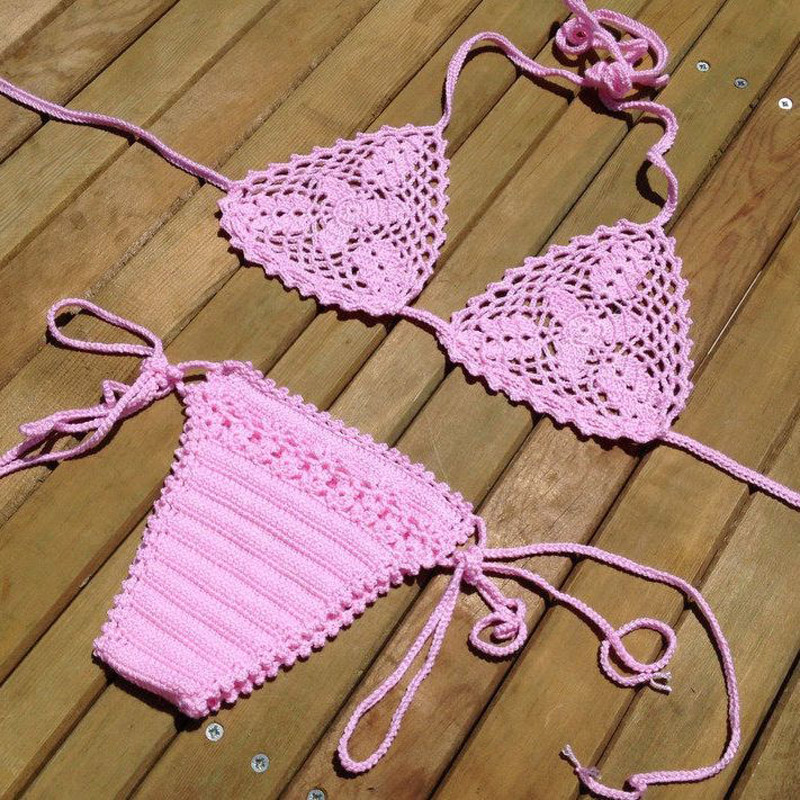 OEEA crochet open chest crochet bikini swimsuit, beach crochet bikini set