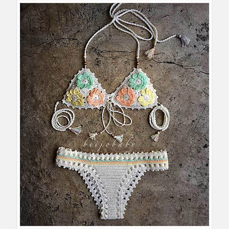 Crochet three point ultra exposed crochet bikini, beach swimsuit for tourism