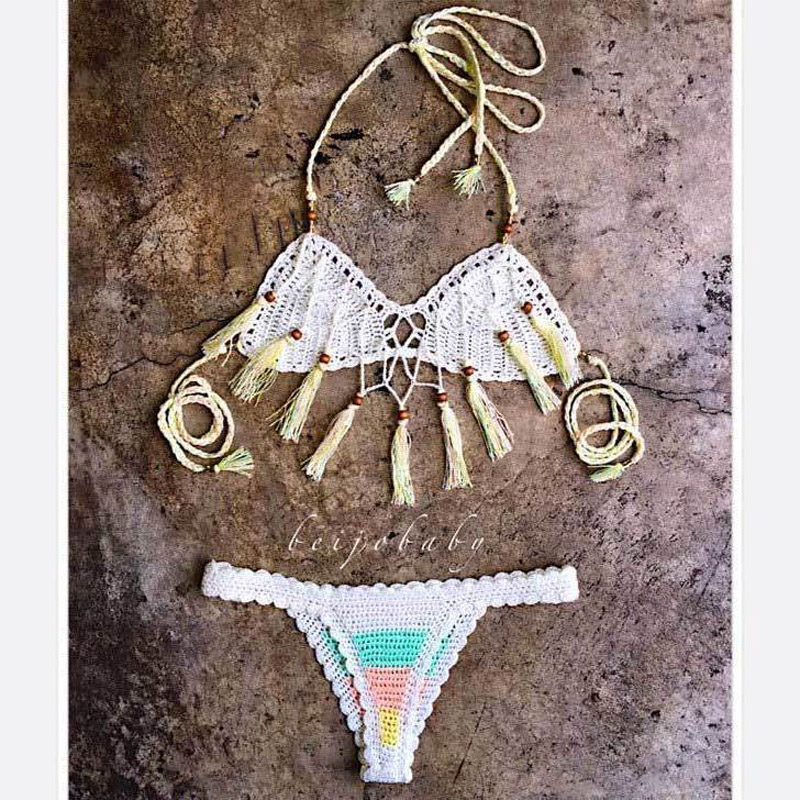 OEEA Crochet mini crochet bikini swimsuit with three point design, beach vacation and leisure swimsuit