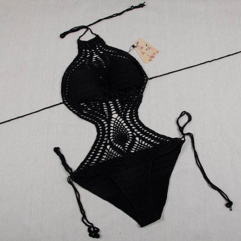 Gehäkelter einteiliger gehäkelter Bikini, Dreipunkt, abnehmender Badeanzug, weißer gehäkelter Bikini