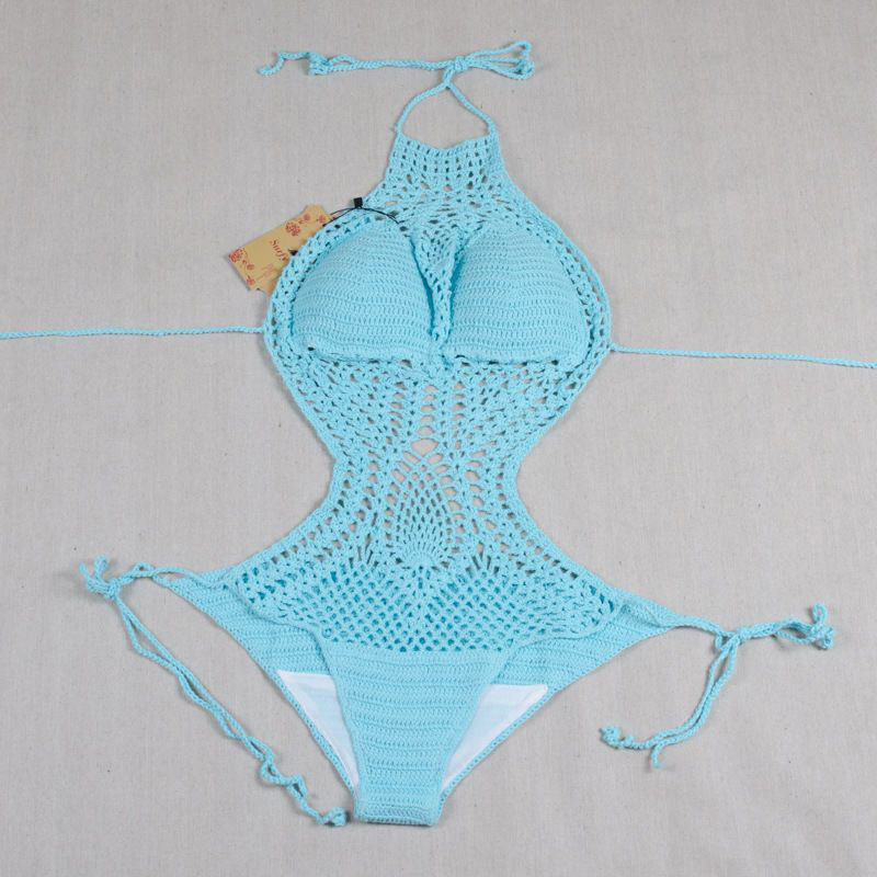 OEEA Crochet one piece crochet bikini, three point , slimming swimsuit, white crochet bikini