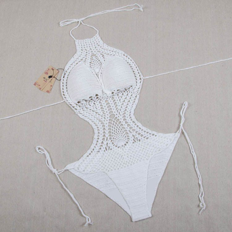 OEEA Crochet one piece crochet bikini, three point , slimming swimsuit, white crochet bikini